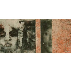 Enigma, 2005, transfer print on rice paper with sand, collage, mounted on canvas, diptych, 100 x 45 cm